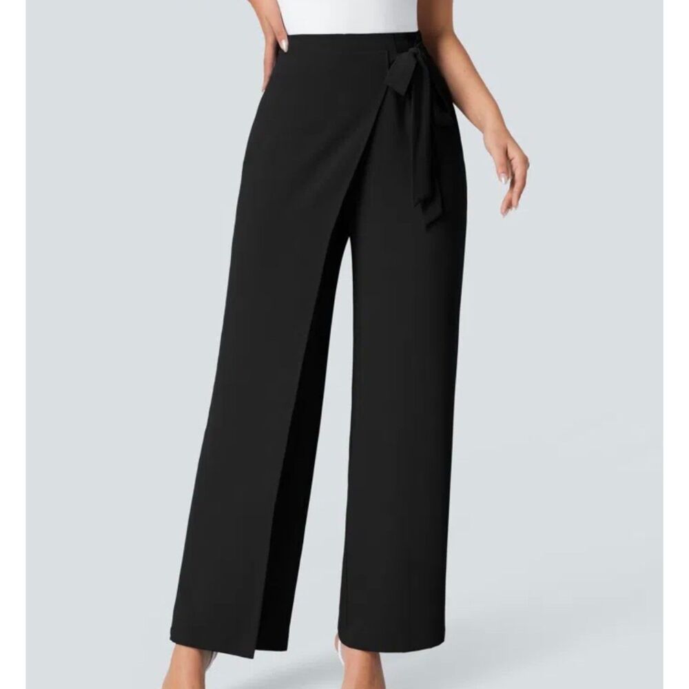 Halara Flex High Waisted Tie Side Black Wide Leg Wrap Palazzo Pants NWT Large P